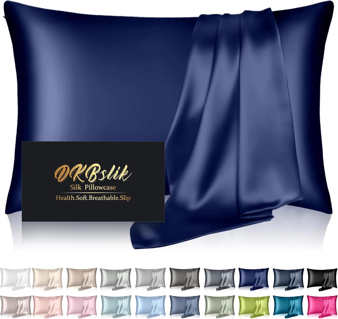 Silk Pillowcase for Hair and Skin, Mulberry Silk Pillow Cases Standard Size, Anti Acne Cooling Sleep Both Sides Natural Silk Satin Pillow Covers with Hidden Zipper, Gifts for Women Men, Navy Blue (Standard - 2026 Inch)