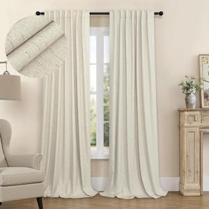 100% Blackout Neutral Curtains for Living Room 96 Inches Long 8 ft Faux Linen Rustic Country Drop Cloth Drape Dark Out Curtain for Bedroom Thermal Insulated 52x96 Floor to Ceiling Length 2 Panel Beige