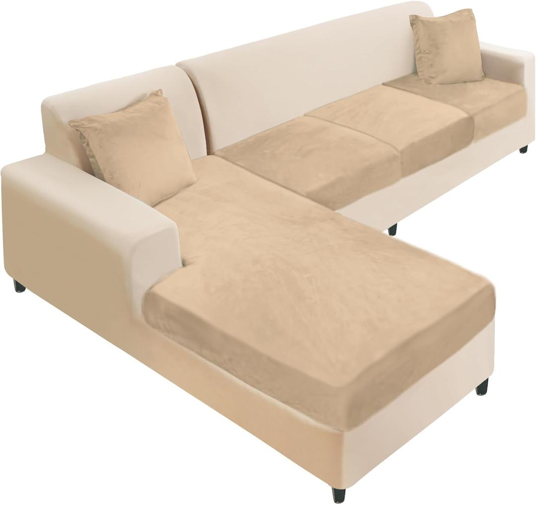 NAISI Sectional Couch Cover 4 Pieces Velvet Separate Couch Cushion Covers L Shape Soft Stretch Sofa Slipcovers with 2pcs Pillowcases for Left/Right Chaise Sectional Sofa(3 Seater+1 Chaise,Camel)