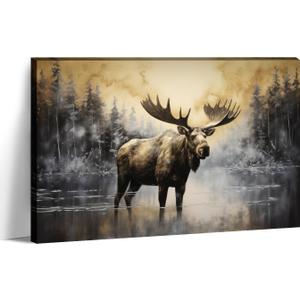 LYUNSHUO Moose Canvas Wall Art Rustic Woodland Deer Picture Print Wall Decor Country Wildlife Painting Vintage Artwork for Farmhouse Living Room Bedroom Bathroom Home Decor (24"L x 16"W)