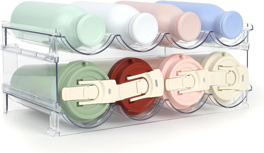 Water Bottle Organizer - 2 Pack Clear Stackable Storage Rack for Stanley Yeti and Other Tumblers - 2 Tier Wine Rack Holds 8 for Kitchen Cabinets