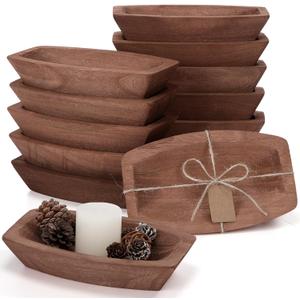 Tioncy 12 Pcs Wooden Dough Bowls Bulk Rustic Decorative Wood Dough Bowls Bulk for Decor with Card, Hand Carved Paulownia Wood, for Home Decor Wedding Gifts Crafts Farmhouse Tray(Boat Shape)