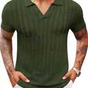 Runcati Mens Knit Polo Shirts Short Sleeve Slim Fit Casual Golf Shirts Hollow Out Cotton Summer Textured Tops, Army Green, Large