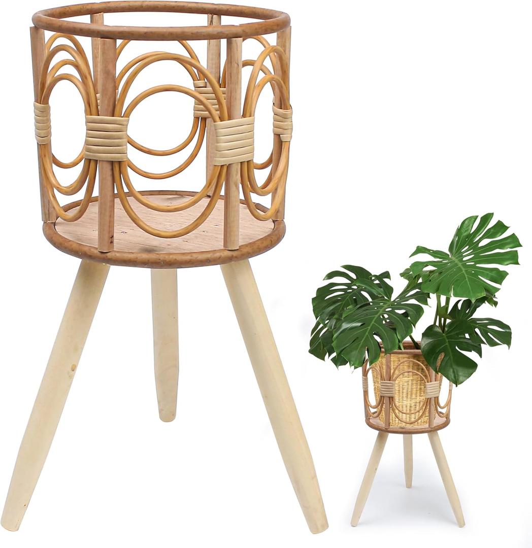 Rattan Plant Stand, Wicker Plants Baskets Indoor, Small, Cute Handmade Woven Wooden Planter with Legs, Boho Style Hollow Flowers Display Rack Straw Standing Floor Stool Shelf for Pot Holder Outdoor Decorations