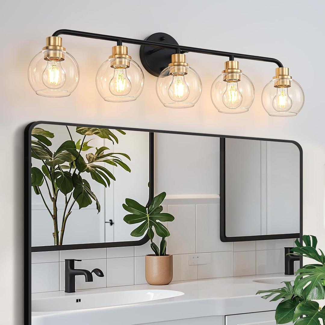 5 Light Bathroom Vanity Light, Black and Gold Bathroom Light Fixtures with Clear Glass Shade Modern Wall Sconces Lighting Bath Wall Lights Lamp for Mirror Kitchen Living Room Bedroom Hallway Cabinet