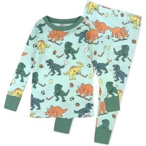 HonestBaby unisex-baby Celebration 2-piece Pajamas Sleepwear Pjs 100% Organic Cotton for Baby, Toddler, Kids (3T, Dino Mite Athlete Eggs)