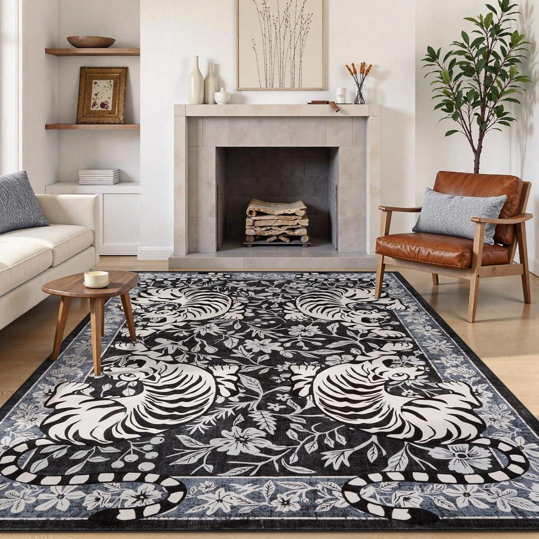 LIVEBOX Tiger Washable Rugs for Living Room, 5x7 Boho Bedroom Rug Non-Slip Jungle Floral Area Rug, Soft Stain Resistant Vintage Western Animal Floor Carpet for Dining Room Home Office Dorm (Black)