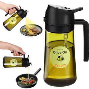 Oil Sprayer for Cooking,470ml Cooking Olive Oil Sprayer and Oil Dispenser 2 In 1, Food-grade Glass Oil Spray Bottle Mister for Air Fryer, BBQ, Griddle (Black+dark green glass and color label)