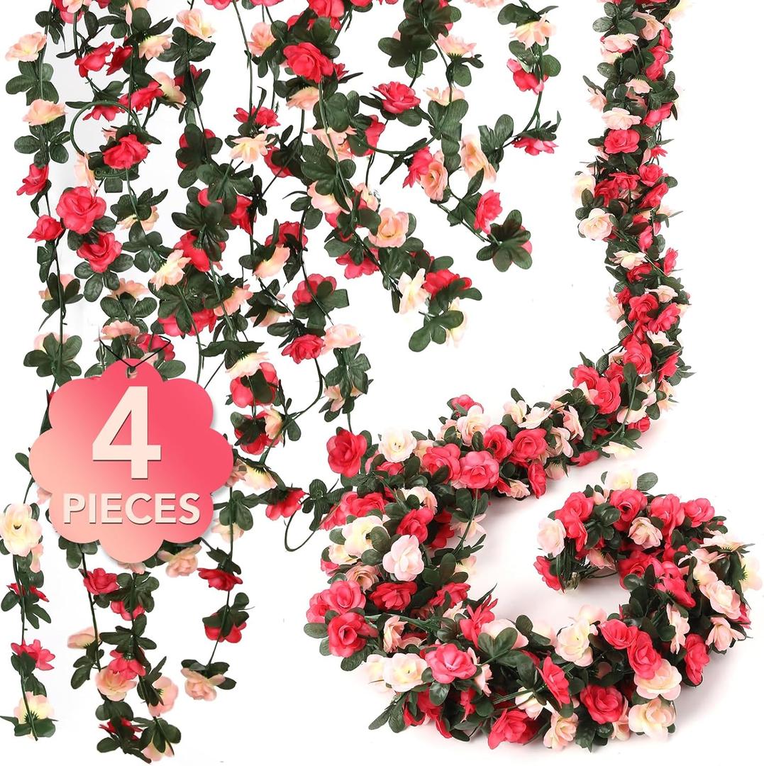 4 Pcs 32.8FT Flower Garland, Rose Garland, Pink Flower Vines for Decoration, Wedding, Garden, Wall Decoration, Backdrop, Bedroom, Birthday Party
