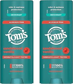 Tom’s of Maine Sandalwood Vanilla Aluminum Free Natural Deodorant For Women & Men | Goes on Clear | Odor & Wetness Protection | Naturally Derived and Moisture-Locking Ingredients | 3.25 oz pack of 2