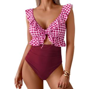 Eomenie One Piece Swimsuit for Women Tummy Control Ruffle Bathing Suit V Neck Ruched Swim Suit Slimming Cutout Swimwear (Medium, Pink Plaid)