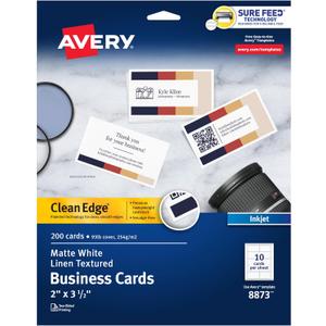 Avery Clean Edge Printable Business Cards with Sure Feed Technology, 2" x 3.5", White Linen Textured, 200 Blank Cards for Inkjet Printers (08873) (One Size) Avery Clean Edge Printable Business Cards with Sure Feed Technology, 2" x 3.5", White Linen Textured, 200 Blank Cards for Inkjet Printers (08873) (One Size)