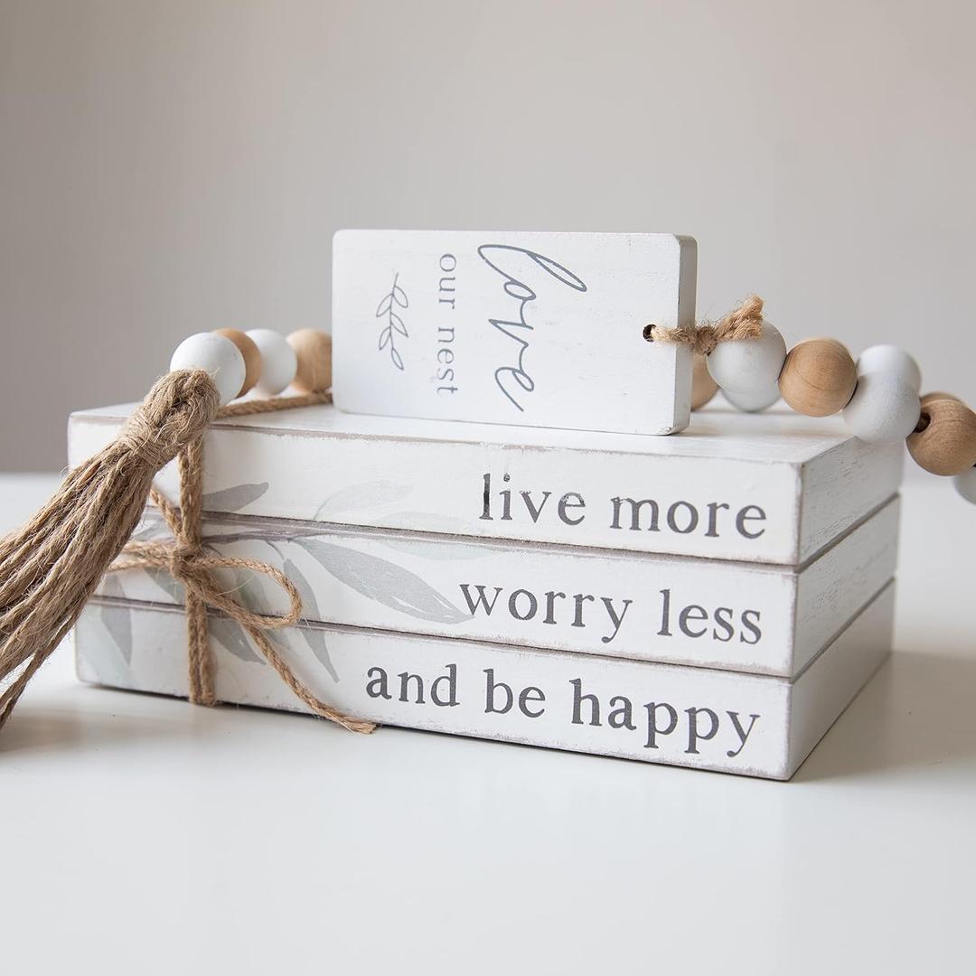 GENMOUS Faux Decorative Books Set for Home Decor, Stacked Wood Faux Books with Wood Bead for Living Room Decor, White Decorative Books for Shelf Decor, Mantel Decor, Farmhouse Decor Love