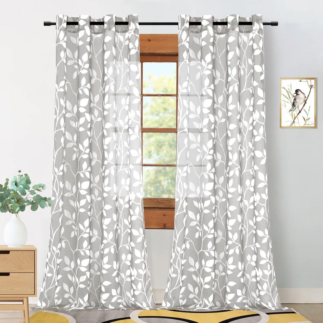 XTMYI Light Grey White Window Curtains for Living Room 84 Inch Length 2 Panels Set Grommet Voile Drapes Leaf Floral Print Design Striped Patterned Sheer Curtain Panels for Bedroom 84 Inches Long Gray