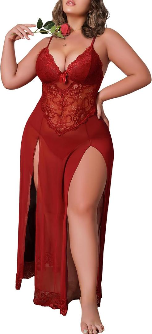 Plus Size Lingerie For Women Babydoll Sexy Mesh Maxi Nightdress Exotic Sleepwear Side Slits (Large, Burgundy)