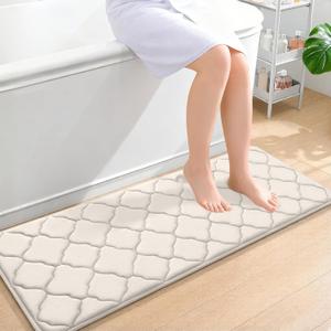 OLANLY Memory Foam Bath Mat Rug 47x17, Ultra Soft and Absorbent Bathroom Rugs, Non-Slip, Comfortable, Machine Washable Bath Carpet for Bathroom Floor, Tub, Shower and Home Decor Accessories, Ivory