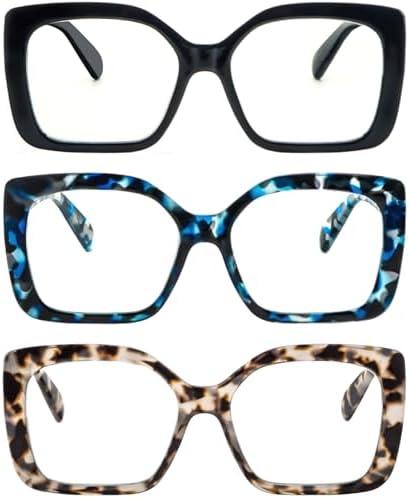 REAVEE 3 Pack Designer Stylish Blue Light Blocking Reading Glasses for Women, Computer Fashion Cute Readers with Spring Hinge