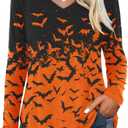 Casual V Neck Shirt for Women Funny Letter Graphic Long Sleeve Tee Holiday Party Family Matching Tops (X-Large, Black-bat02)