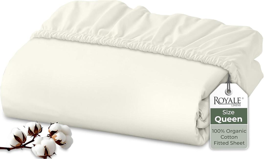 Royale Linens 100% Organic Cotton Fitted Sheet - Percale Weave - Super Soft Deep Pocket Bottom Sheets - Ivory Elastic Sheet Queen Size - Queen Fitted Sheets Only - (60"x80"+15", Ivory)