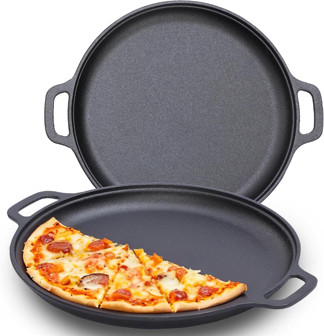 14-Inch Cast Iron Pizza Griddle Pan, Heavy-Duty, Extra-Lightweight Design  Even Heat for Outdoor Grilling, Family Dinners Camping, Baking, Induction Stovetops