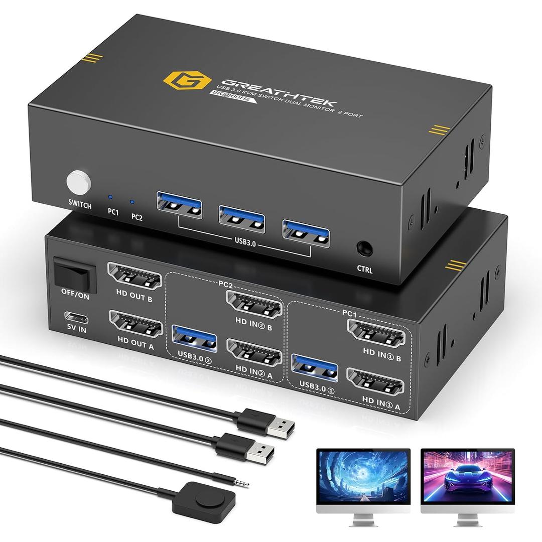 8K HDMI KVM Switch 2 Monitors 2 Computers,8K@60HZ USB3.0 Dual Monitors KVM Switches for 2 PC/Laptops Share Mouse Keyboard and 2 Screens,with 2 USB Cables/Controller,EDID Adapative,Plug&Play (Deep Blue)