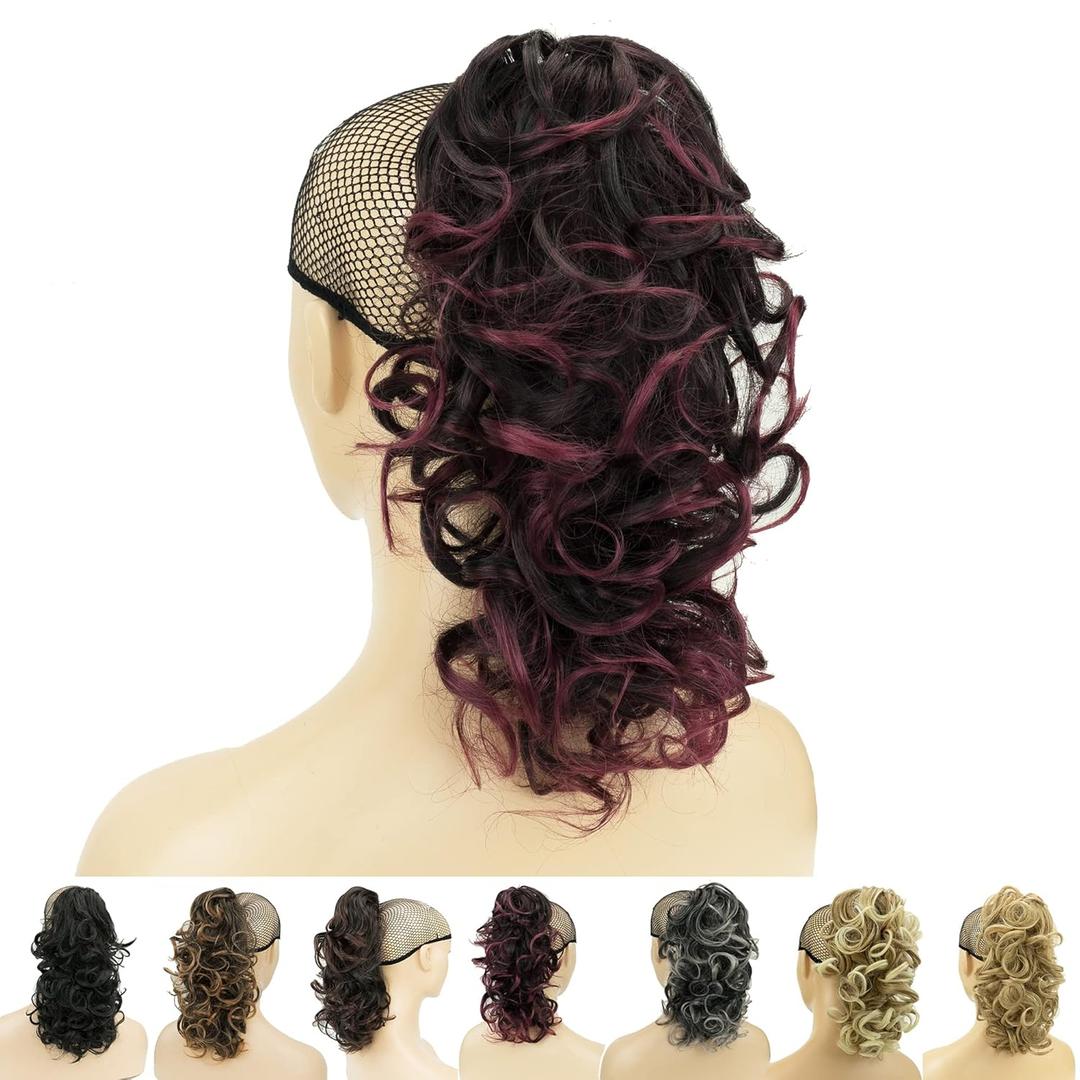 IMISSU Messy Curly Hair Short Claw Ponytail Hair Extensions Pony Tail Clip in Hairpieces (Black Ombre Burgundy)