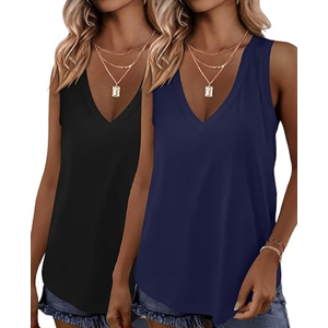 KKJ 2 Pack Womens Tank Tops Summer V Neck Sleeveless Loose Casual Blouses Beach Vacation Outfits Shirt Spring Trendy Clothes, Black/ Navy Blue Large