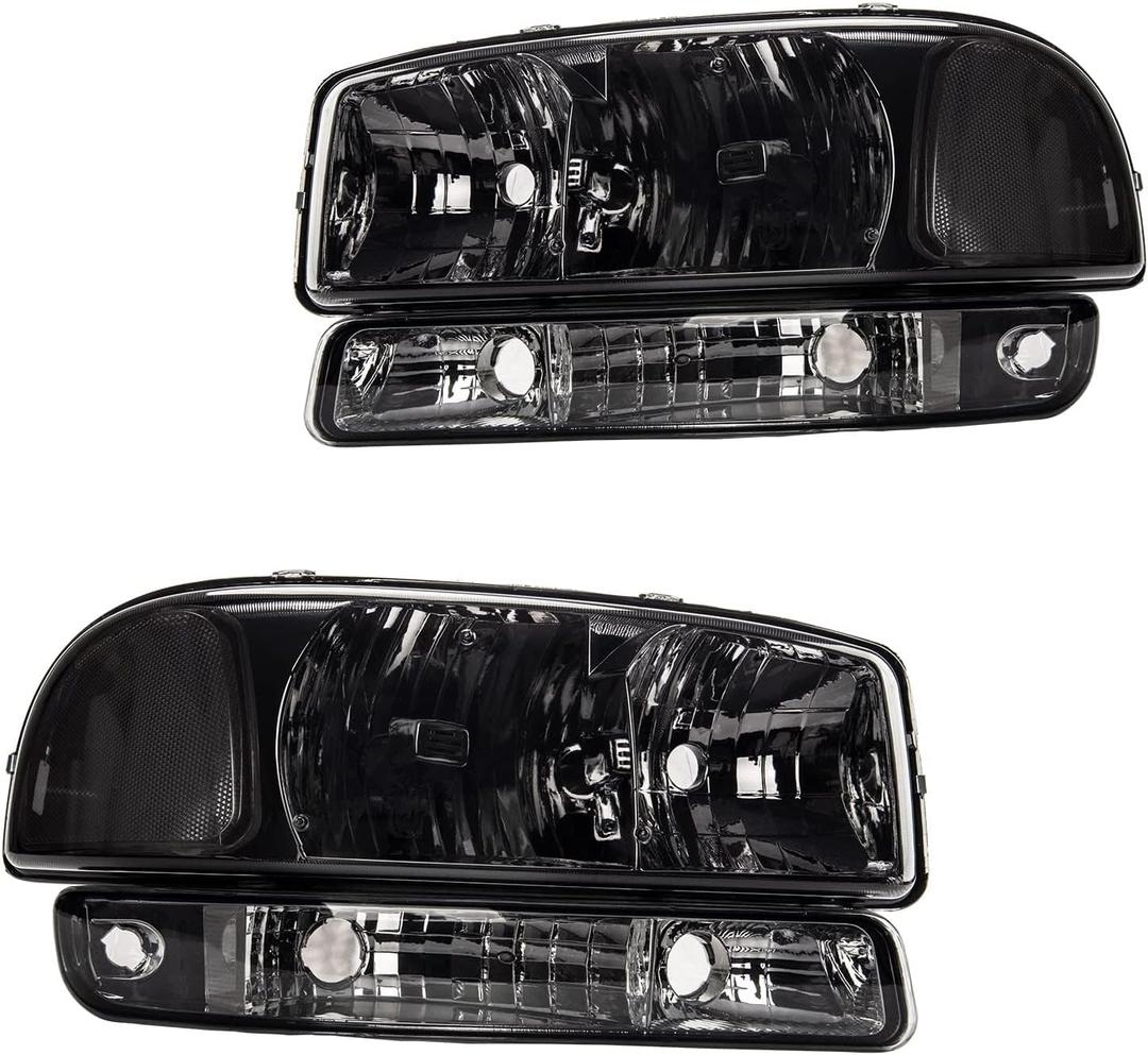 MARSFLUX Headlight Assembly Pair for 99-06 Sierra/ 00-06 Yukon, Headlamp Vacuum-coated Aluminum Clear Reflector Chrome Housing, Black Lens Replace GM2502188 GM2503188（Front Left & Right）
