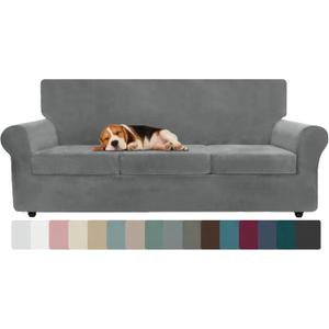 ZNSAYOTX Oversized Velvet Couch Cover 4 Piece (92"-115") Stretch Sofa Covers for 3 Cushion Couch Thick Soft XL-Slipcover with Non Slip Strap, Dog Pet Friendly Nice Furniture Protector (Grey)