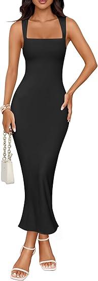 ZESICA Women's Summer Bodycon Midi Dress Sleeveless Square Neck Slim Fit Back Slit Long Cocktail Party Dresses,Black,X-Large