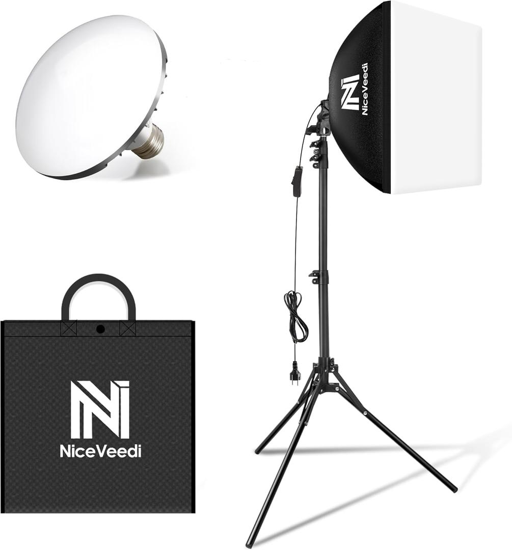Softbox Lighting Kit, NiceVeedi 16'' x 16'' Softbox Photography Lighting Kit with 63 Tripod Stand & 5400K 450W Equivalent LED Bulb, Continuous Lighting for Photography/Video Record/Live Streaming
