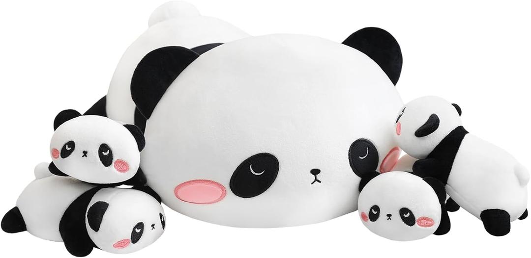 Panda Stuffed Animal Cute Panda Plush Pillow with 4 Baby Plushies in Her Tummy, Soft Cotton Stuffed Animals Toy Gifts for Kids