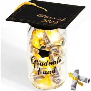 2025 Graduation Gifts for Her/Him- Lighted Graduation Mason Jar Filled with Money & Class of 2025 Cap Kit,Graduation Decorations Class of 2025 Graduation Centerpieces, Money Gift Ideas for Boys Girls