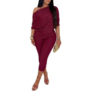 Vssjavun Women's 2 Piece Outfits Ribbed Knit One Shoulder Batwing Sleeve Loose Blouse Top Skinny Bodycon Capri Pants Sets, Small
