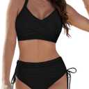 Womens Two Piece High Waisted Bikini Sets Crisscross Tie Back Bathing Suit Drawstring Tummy Control Swimsuits (Large, Black)