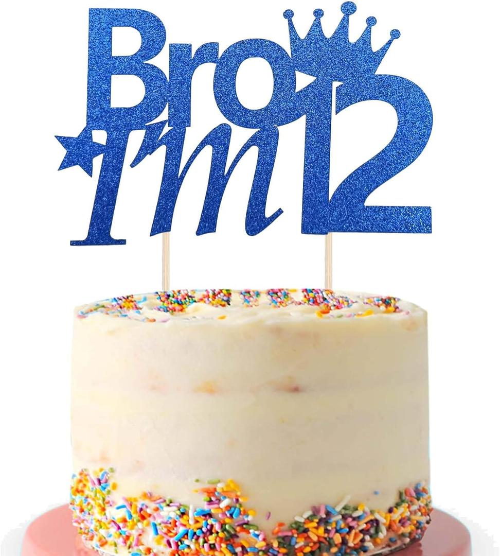 1Pcs 12th Birthday Cake Topper Blue Glitter Bro I'm 12 Birthday Cake Pick Cheers to 12 Years Old Cake Decorations for Pre-teen 12th Boys Theme Party Supplies(Blue)