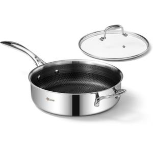 DELUXE Hybrid Nonstick 3.7 Qt Deep Saut Pan with Lid, Stainless Steel Skillet with Stay-Cool Handles, Dishwasher and Oven-Safe, Deep Frying Pan, Compatible with All Cooktops