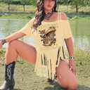 Women's Plus Size Cold Shoulder Fringe Tassel Cowgirl Graphic Short Sleeve Hippie Western T Shirt (XXL)