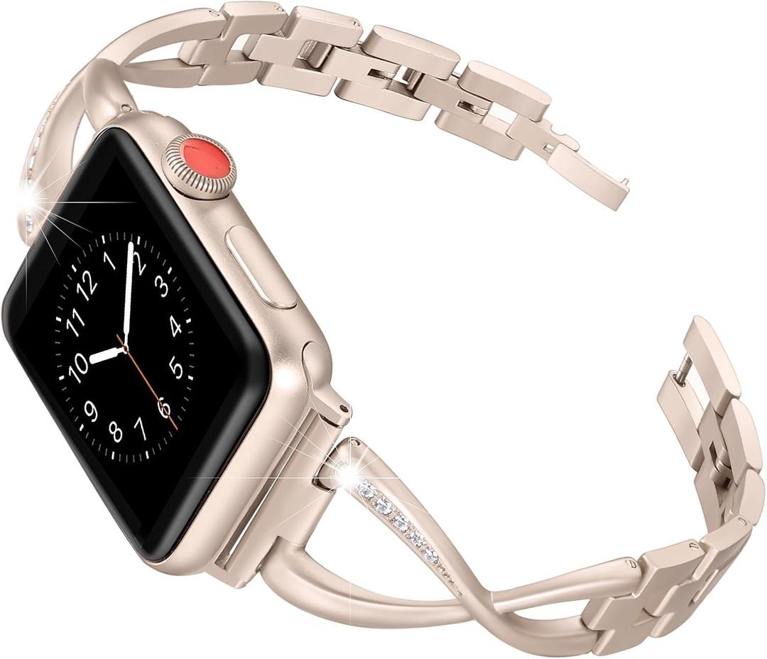 Secbolt Bands Compatible with Apple Watch Band Iwatch SE Series 10/9/8/7/6/5/4/3/2/1 Women Dressy Jewelry Stainless Steel Accessories Wristband Strap (38mm 40mm 41mm 42mm(Series 10), Champagne Gold)