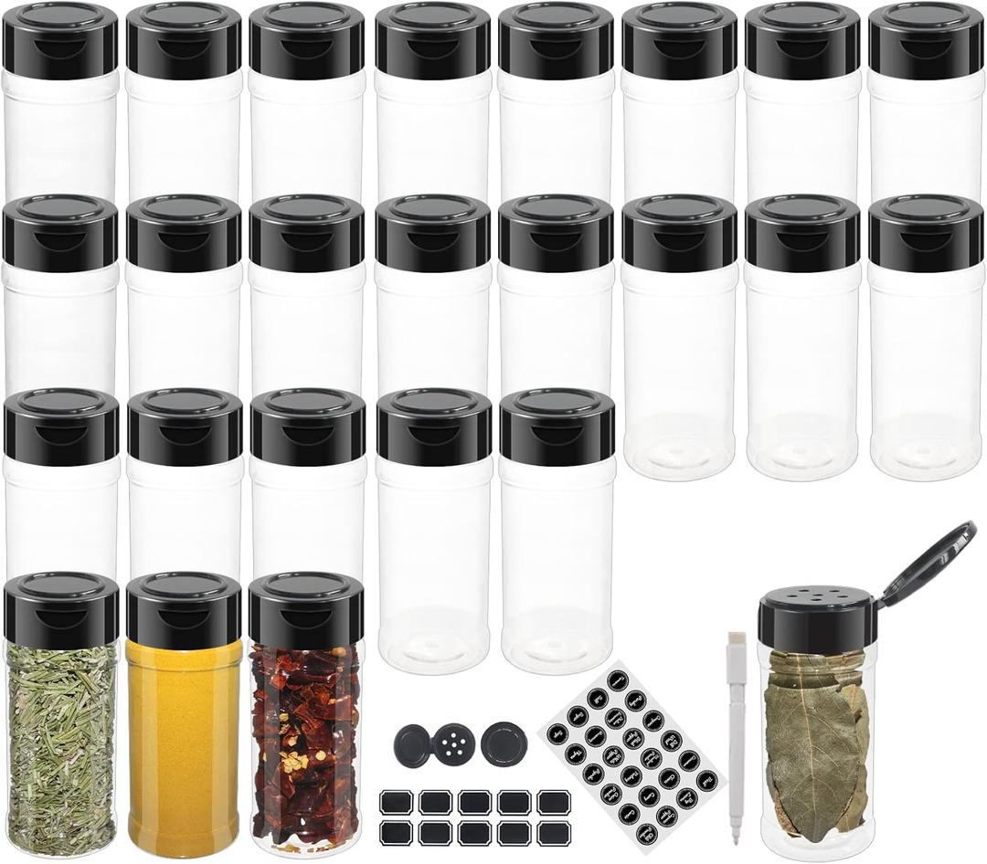 24 Pack 3oz Clear Plastic Spice Jars With Black Plastic Lids, Round Spice Bottles, Seasoning Containers with Chalk Labels, Pen, Spices Containers For Kitchen Cabinet