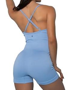 Lulucheri Women Strappy Backless Workout Jumpsuits Tummy Control Shorts Rompers Yoga Sleeveless Seamless Bodycon (XS-S, Cornflower Blue)