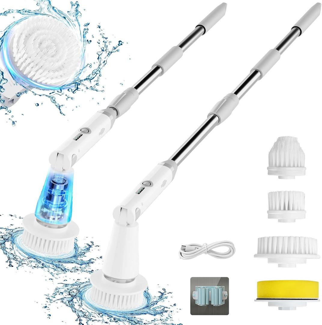 Electric Spin Scrubber, 2024 New Bathroom Cleaner, Power Shower Cleaning Brush with Extendable Handle & 4 Brush Heads, Shower Scrubber for Bathtub Tile Grout Kitchen Window and Floor (White/Gray)