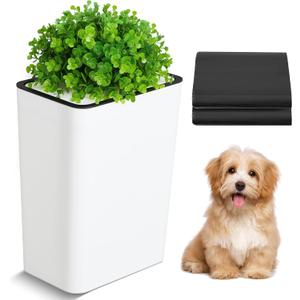 Dog Poop Trash Can Outside 3.96 Gal/15 L Plant Styled Dog Waste Trash Can with Lid 50 Pcs Plastic Waste Bags Outdoor Indoor Poop Container Slim Garbage Bin for Yard Garden Pet (White)