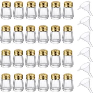 24 Pcs Cube Shape Mini Salt and Pepper Shakers Bulk 0.5 oz Small Cube Glass Spice Shaker with Plastic Mini Funnels for Wedding Kitchen Restaurant Travel Camp Party (Golden)