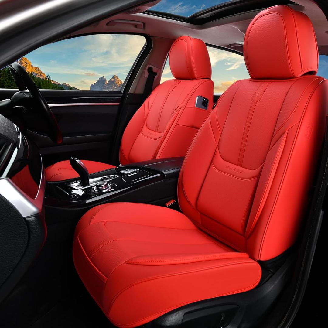 Red Leather Car Seat Cover Full Set, Anti-Slip Universal