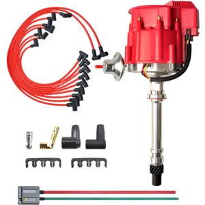 MAS Racing HEI Distributor&Spark Plug Wires & Free Pigtail Wire Harness Combo Kit Red Cap Replacement for Chevy 283 302 307 327 350 396 400 402 427 454 gm SBC BBC 65k Coil 7500RPM Chevrolet C10 GMC V8