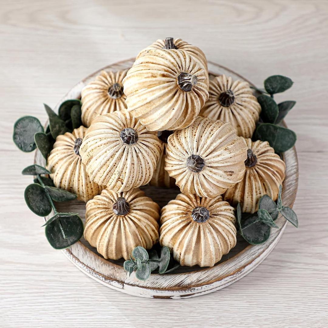 Geelin 12 Pcs White Rustic Fall Pumpkin Decor Resin Pumpkins for Thanksgiving Decorations Farmhouse Decorative Pumpkins 2.36" for Fall Home Decor Autumn Tabletop Centerpiece Harvest Wedding(Resin)