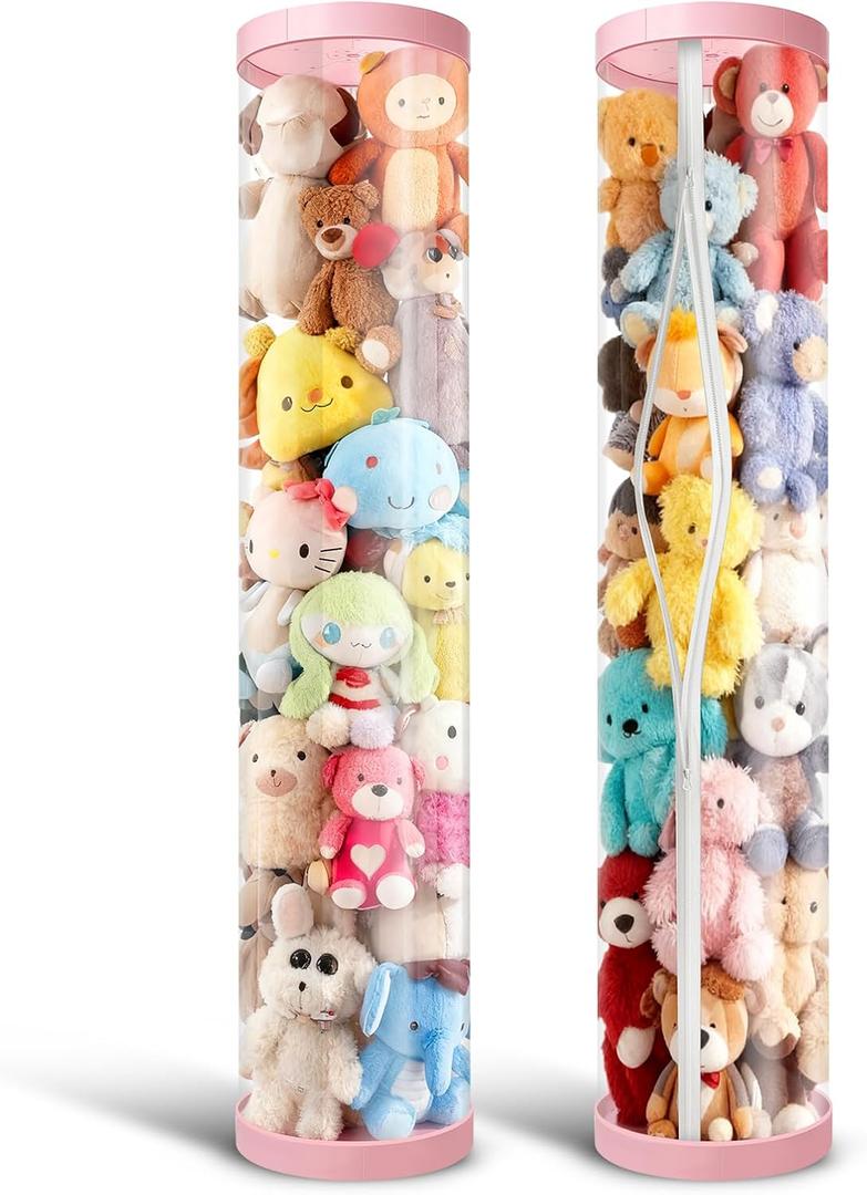 2 Pack Stuffed Animal Storage Tube - Clear 60 inch Large Vertical Toy Organizer, PET Transparent Display Holder for Plushies, Stuffed Animals Zoo for Playroom, Living Room, Bedroom (Pink)