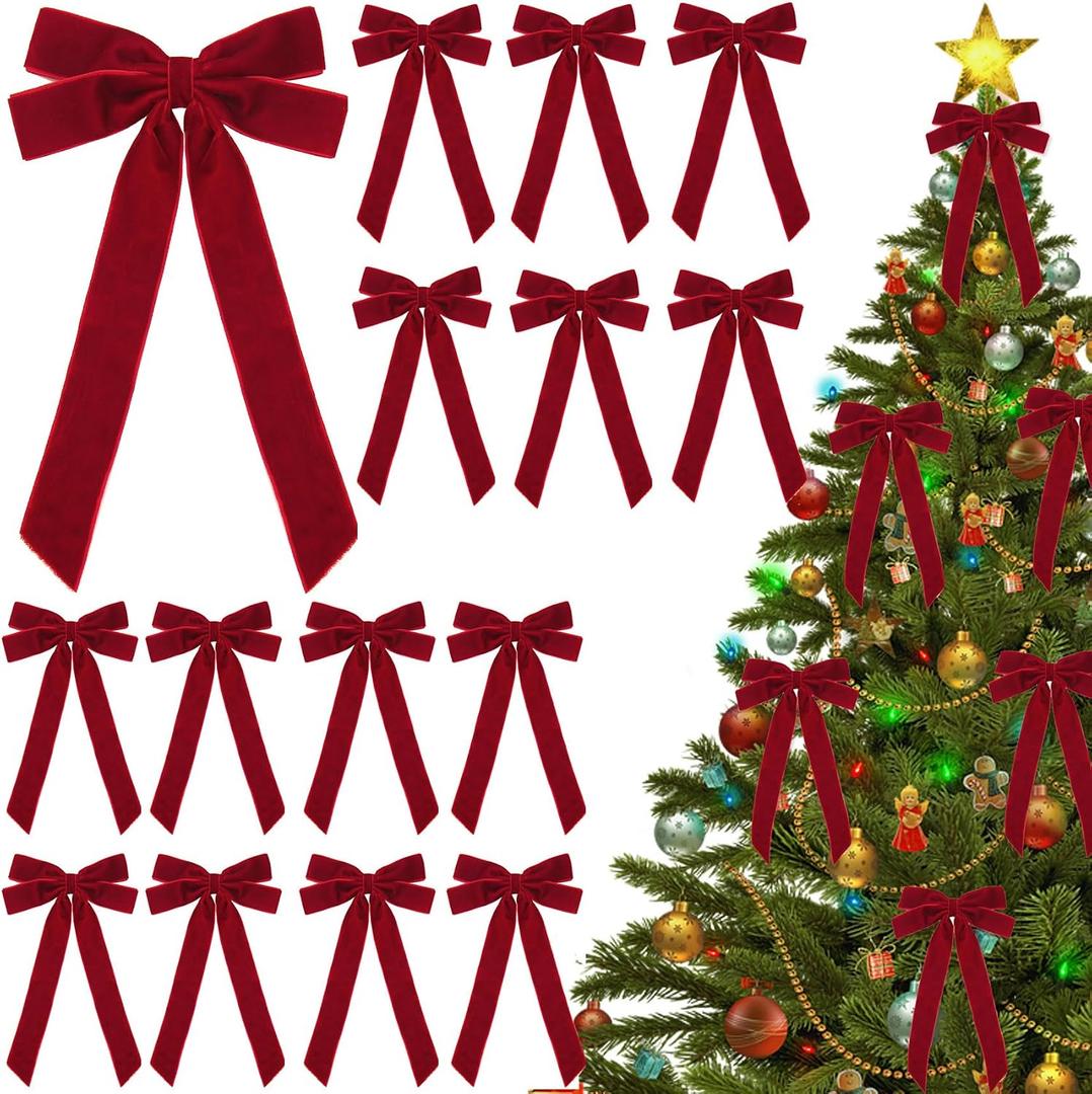16 Pcs Burgundy Christmas Bows Decor Tree Vintage Velvet Ribbon Bow Wreath Ornaments for DIY Xmas Holiday Home Decoration Gift (5 x 10 Inch, Width of 1")