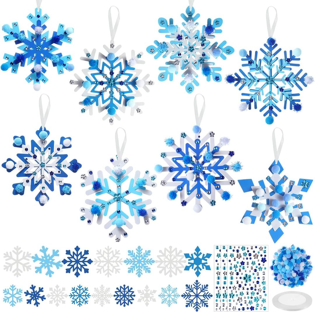 Funrous 48 Sets Snowflake Crafts Kit Winter Paper Crafts DIY White Snowflake Christmas Hanging Ornaments with Pompoms Diamond Stickers for Holiday Classroom Activities Arts Party Favors